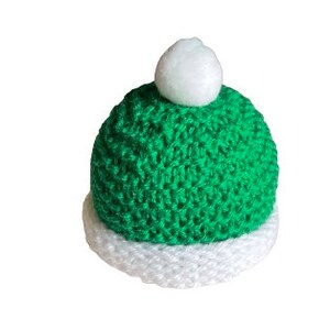 May include: A green crocheted hat with a white pom-pom on top and a white crocheted brim.