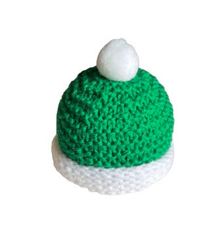 May include: A green crocheted hat with a white pom-pom on top and a white crocheted brim.