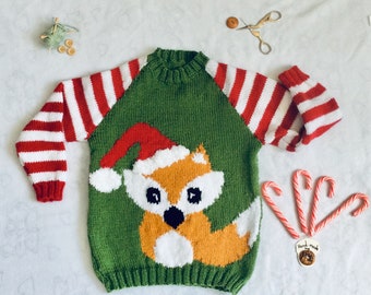 PDF Christmas Fox Sweater  knitting pattern Ages 2-11 chest 22-30 inches