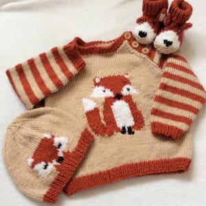 PDF Fox Cub Sweater Set knitting pattern instant download. Jumper hat booties