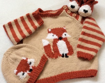 PDF Fox Cub Sweater Set knitting pattern instant download. Jumper hat booties