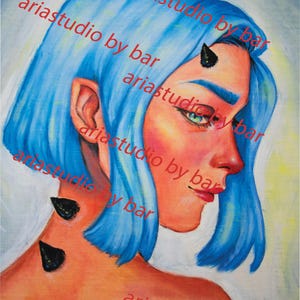 Blue Haired Woman Digital Art Print – Fantasy Female Portrait, Anime , Horned Woman Wall Art, Dark Feminine Decor, Gothic Printable Painting