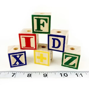 Drilled Wooden ABC Blocks 1-1/8&quot; - 18 Pcs - Bird Toy Parts