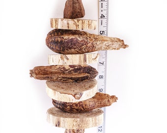 Könnte beinhalten: Ein Vogelspielzeug aus Naturholz und Rinde mit verschiedenen Texturen und Formen. Das Spielzeug ist etwa 23 cm lang und hängt an einer Schnur.