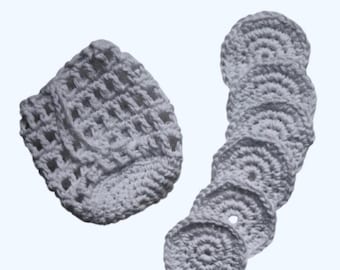 Eco-Friendly Handmade Crocheted Face Scrubbies With Draw String Holder Pouch Bag-White