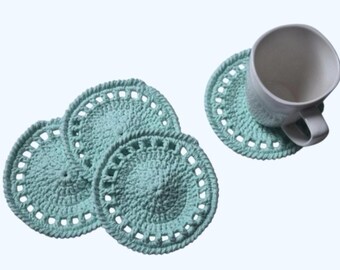 Ecofriendly Cotton Round Coaster Set of 4-Handmade Crocheted-Mint Green