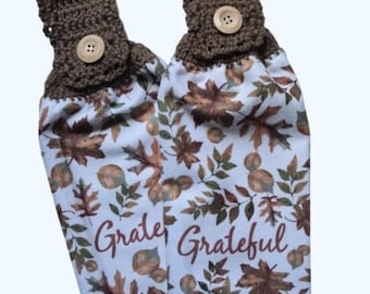 Thanksgiving Grateful Autumn Leaves Handmade Crocheted Top Dish Towel Set of 2