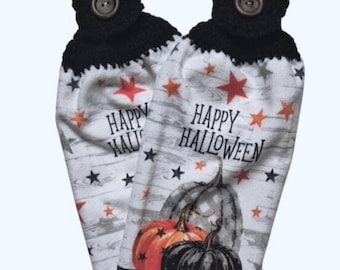 Happy Halloween Pumpkins Handmade Crocheted Top Dish Towel Set of 2