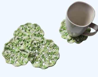 Ecofriendly Cotton Spring Flower Coaster Set of 4-Handmade Crocheted-Mixed Lime Green