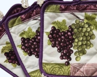 Hanging Kitchen Potholder Set Of 3-Grape Fruit Themed-Handmade Crocheted-Fancy
