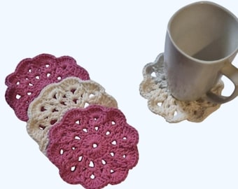 Ecofriendly Cotton Spring Flower Coaster Set of 4-Handmade Crocheted- Cream- Off White and Pink