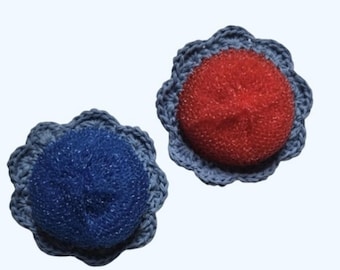 Eco Friendly Crochet Cotton Nylon Mesh Patriotic Round Flower Dish Scrubber-Set Of 2