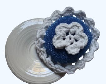 Küche Frühlingsblume Nylon Scrubby Mit Spüle Keramik Lagerung Plattenhalter-Blau und Weiß