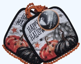 Happy Halloween Pumpkin Themed Pot Holders Set-Handmade Crocheted-Fancy Kitchen