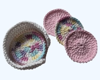 Set di 5 spugnette rotonde per il viso in cotone lavorate all'uncinetto con supporto - Bianco, rosa, colori pastello primaverili