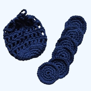 May include: A set of dark blue crocheted items consisting of a small drawstring pouch with an open-work pattern and a stack of six circular, solid-stitched crocheted pads. The items are made from yarn and feature a consistent deep navy blue color.