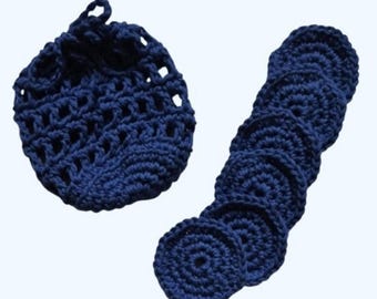 Eco-Friendly Handmade Crocheted Face Scrubbies With Draw String Holder Pouch Bag-Blue