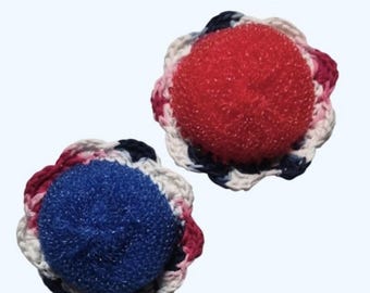 Eco Friendly Crochet Cotton Nylon Mesh Patriotic Round Flower Dish Scrubber-Set Of 2