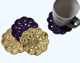 Ecofriendly Cotton Spring Flower Coaster Set of 4-Handmade Crocheted- Yellow and Dark Purple