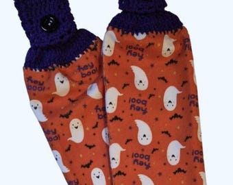 Halloween Hey Boo Ghosts Handmade Crocheted Top Dish Towel Set of 2
