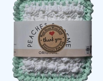 Handmade Crocheted Absorbant Cotton Dish Scrubbie Sponge Set-Reusable -Pots and Pans-White and Mint Green