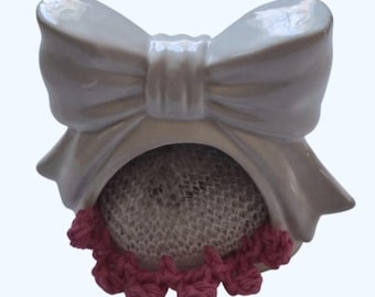 White and Pink Bow Tie Ceramic Kitchen Sink Scrubby Holder-Handmade Crocheted