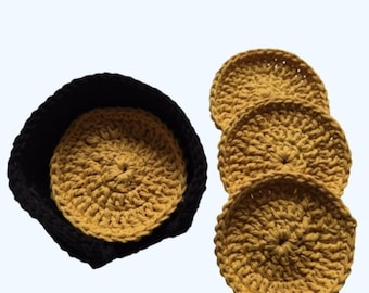 Set di 5 spugnette rotonde per il viso in cotone lavorate all'uncinetto con supporto - Nero e oro