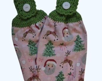 Christmas Santa-Tree-Reindeer Handmade Crocheted Top Dish Towel Set of 2