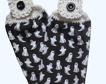 Halloween Boo White Ghosts Handmade Crocheted Top Dish Towel Set of 2