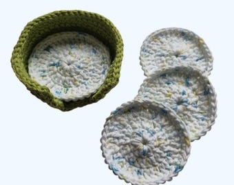 Virkade runda ansiktsskrubbies i bomull - 5-pack med hållare - limegrön flerfärgad