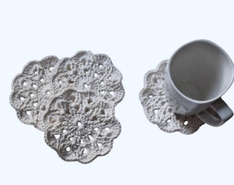 Ecofriendly Cotton Spring Flower Coaster Set of 4-Handmade Crocheted- Cream- Off White