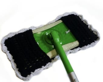 Handmade Organic Cotton Mop Cover: Black with White Fancy Trimming