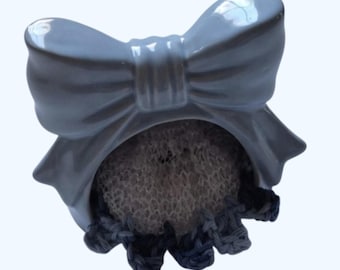 Blue Bow Tie Ceramic Kitchen Sink Scrubby Holder-Handmade Crocheted