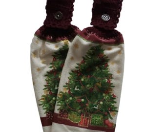 Decorated Christmas Tree Handmade Crocheted Top Dish Towel Set of 2