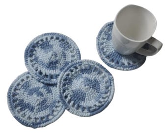 Ecofriendly Cotton Round Coaster Set of 4-Handmade Crocheted- Blue Ombre