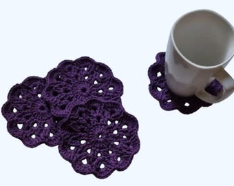 Ecofriendly Cotton Spring Flower Coaster Set of 4-Handmade Crocheted- Dark Purple