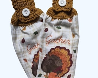 Thanksgiving Gather Turkey Fall Leaves Handmade Crochet Top Dish Towel Set Of 2