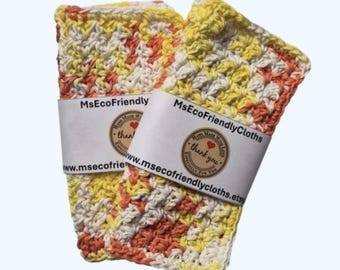 Eco Friendly Organic Handmade Cotton Dish Wash Cloths- Set of 4-Multicolor Yellow,Orange,White