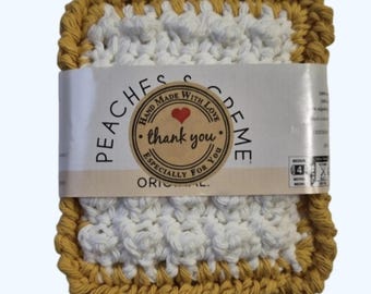 Handmade Crocheted Absorbant Cotton Dish Scrubbie Sponge Set-Reusable -Pots and Pans-White and Gold