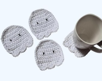 Ecofriendly Cotton Halloween White Ghost Coaster Set of 4-Handmade Crocheted