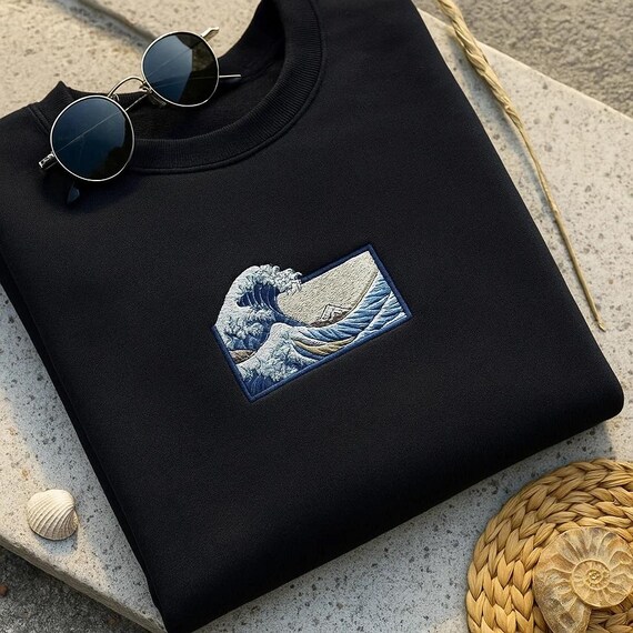 Embroidered Wave Sweatshirt Hoodie T Shirt, Japanese Ocean Art Shirt, Minimal Seaside Design, Unisex Coastal Style, Artistic Nature Gift