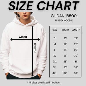 以下が含まれることがあります： 白のGildan 18500ユニセックスパーカーとサイズチャート。チャートにはSから4XLまでのサイズが記載されており、幅と長さの測定値はインチです。「SIZE CHART」というテキストが上部にあります。