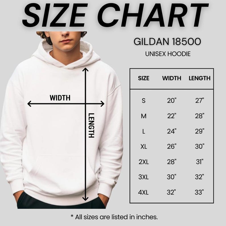 以下が含まれることがあります： 白のGildan 18500ユニセックスパーカーとサイズチャート。チャートにはSから4XLまでのサイズが記載されており、幅と長さの測定値はインチです。「SIZE CHART」というテキストが上部にあります。