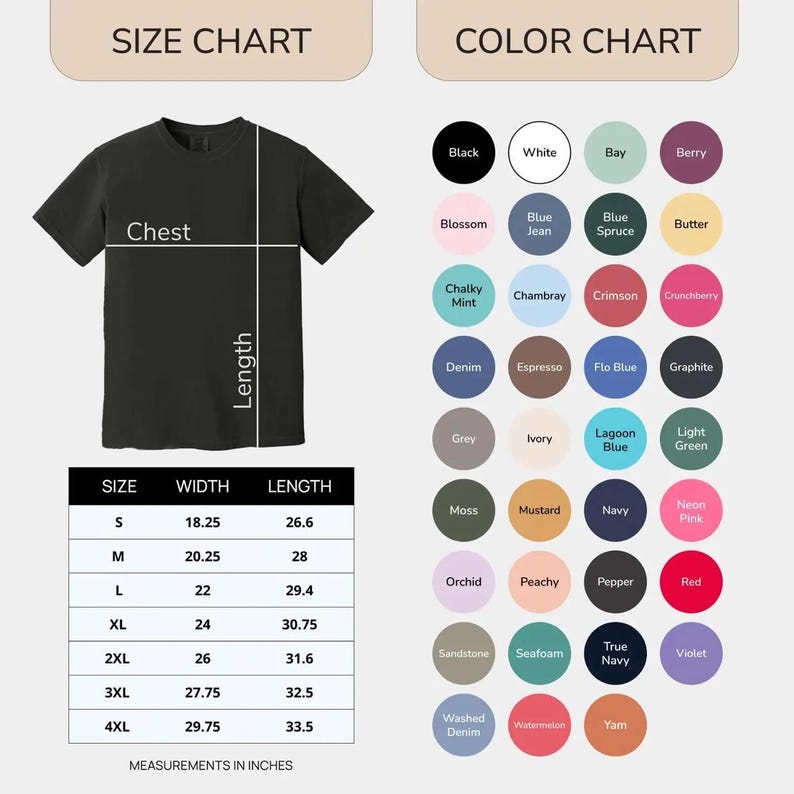 以下が含まれることがあります： サイズチャートとカラーオプションを備えた黒いTシャツ。サイズチャートはインチ単位の測定値を示し、最小サイズは幅46.35cm、長さ67.56cmです。カラーチャートにはさまざまな色が表示されます。