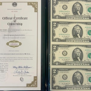 Uncut 2 Dollar Bill Sheet with Protective Binder