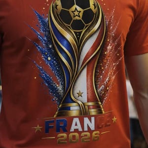 May include: Red t-shirt featuring a gold and black soccer ball trophy design with blue, white, and red accents. The text "FRANCE - 2026" is printed below the trophy. The shirt is made of a soft material.