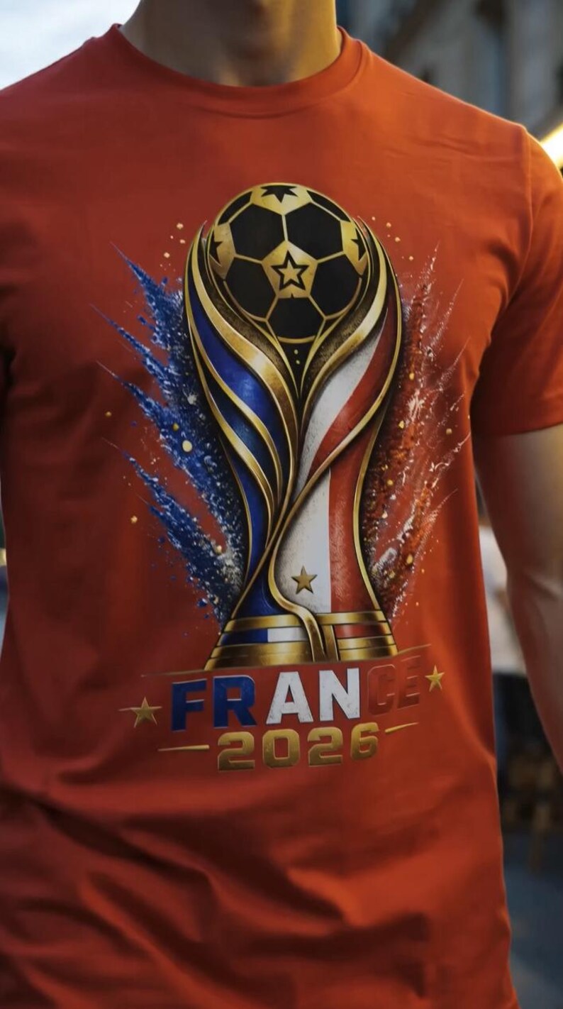 May include: Red t-shirt featuring a gold and black soccer ball trophy design with blue, white, and red accents. The text "FRANCE - 2026" is printed below the trophy. The shirt is made of a soft material.