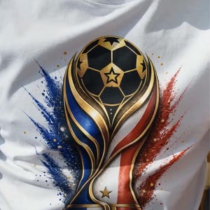 May include: White t-shirt featuring a gold and black soccer ball trophy design with blue, red, and gold accents. The design includes the text "FRANCE 2026" in blue and red.