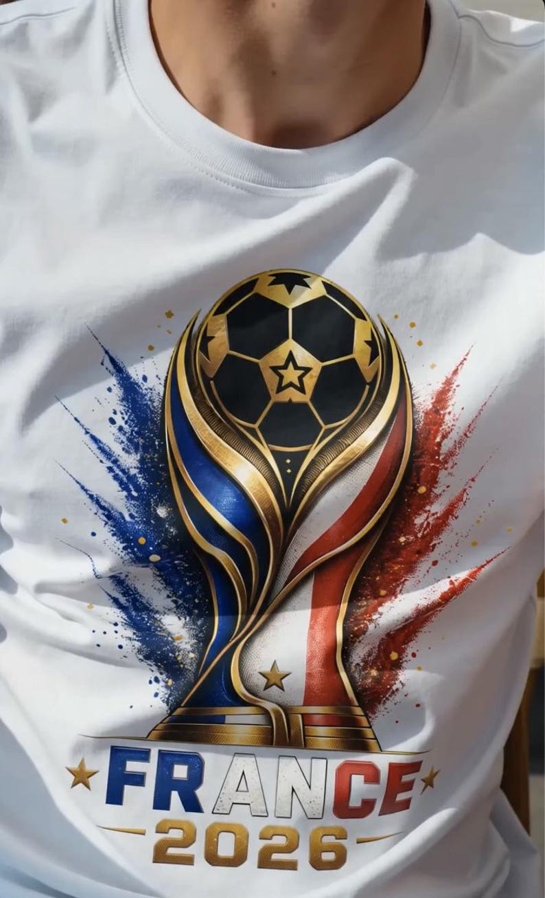 May include: White t-shirt featuring a gold and black soccer ball trophy design with blue, red, and gold accents. The design includes the text "FRANCE 2026" in blue and red.
