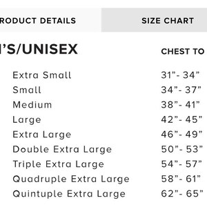 May include: A size chart for men's/unisex clothing, with sizes ranging from XS to 5XL. The chart lists chest measurements in inches, from 31"-34" for XS to 62"-65" for 5XL. The chart also includes the product details.